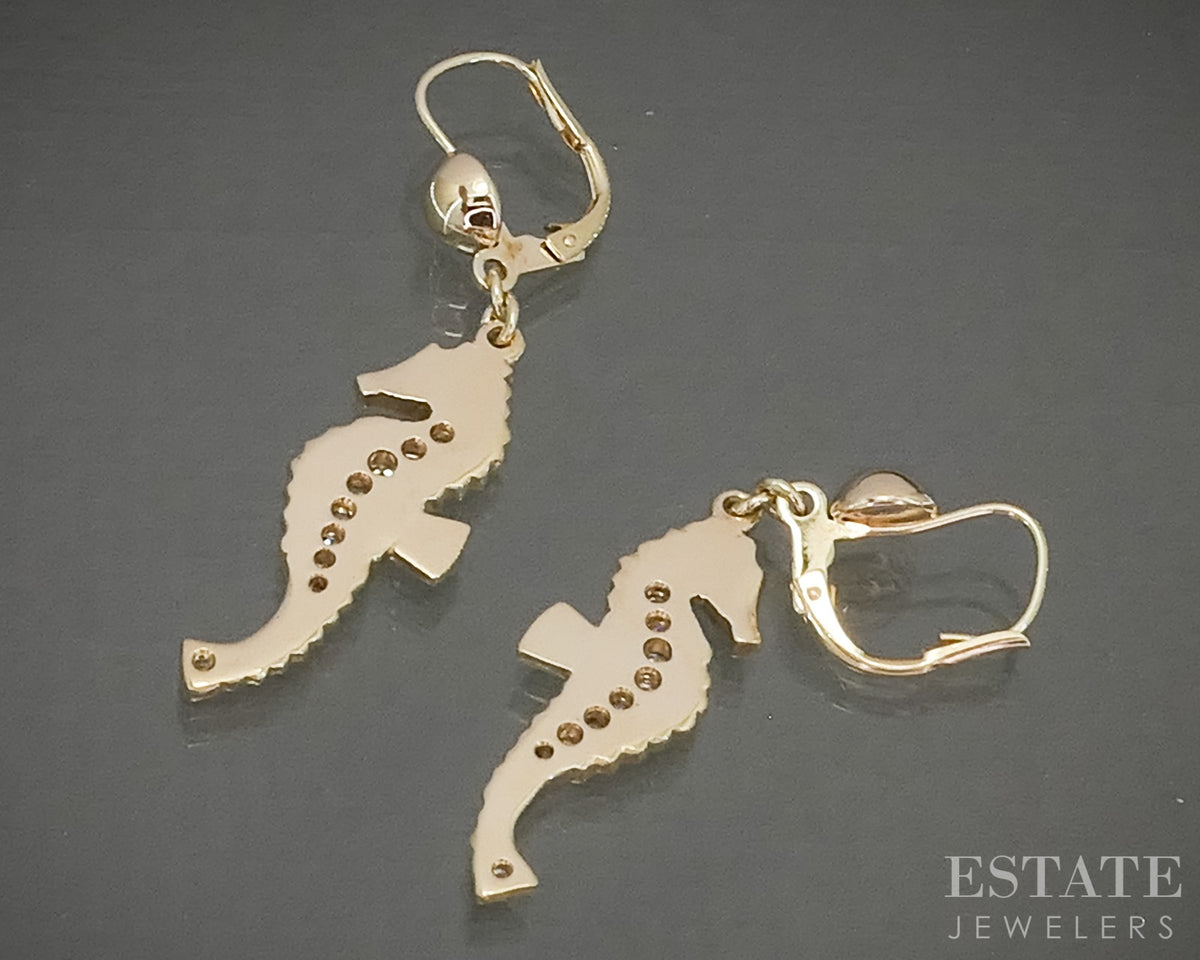 14k Yellow Gold Natural .12ctw Diamond Seahorse Dangle Earrings 5.8g p31395
