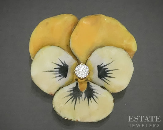 Antique Victorian 14k Yellow Gold Enameled Pansy Diamond Pin Pendant 6.3g p31456