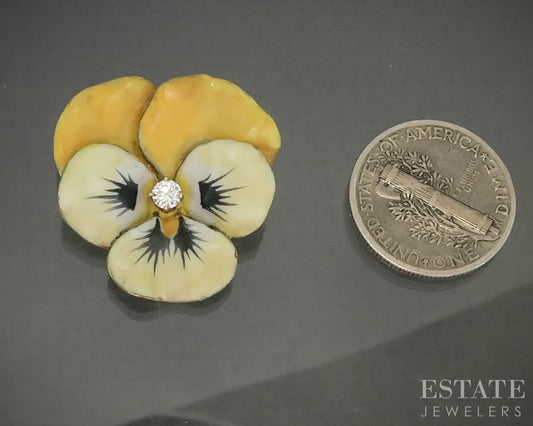 Antique Victorian 14k Yellow Gold Enameled Pansy Diamond Pin Pendant 6.3g p31456