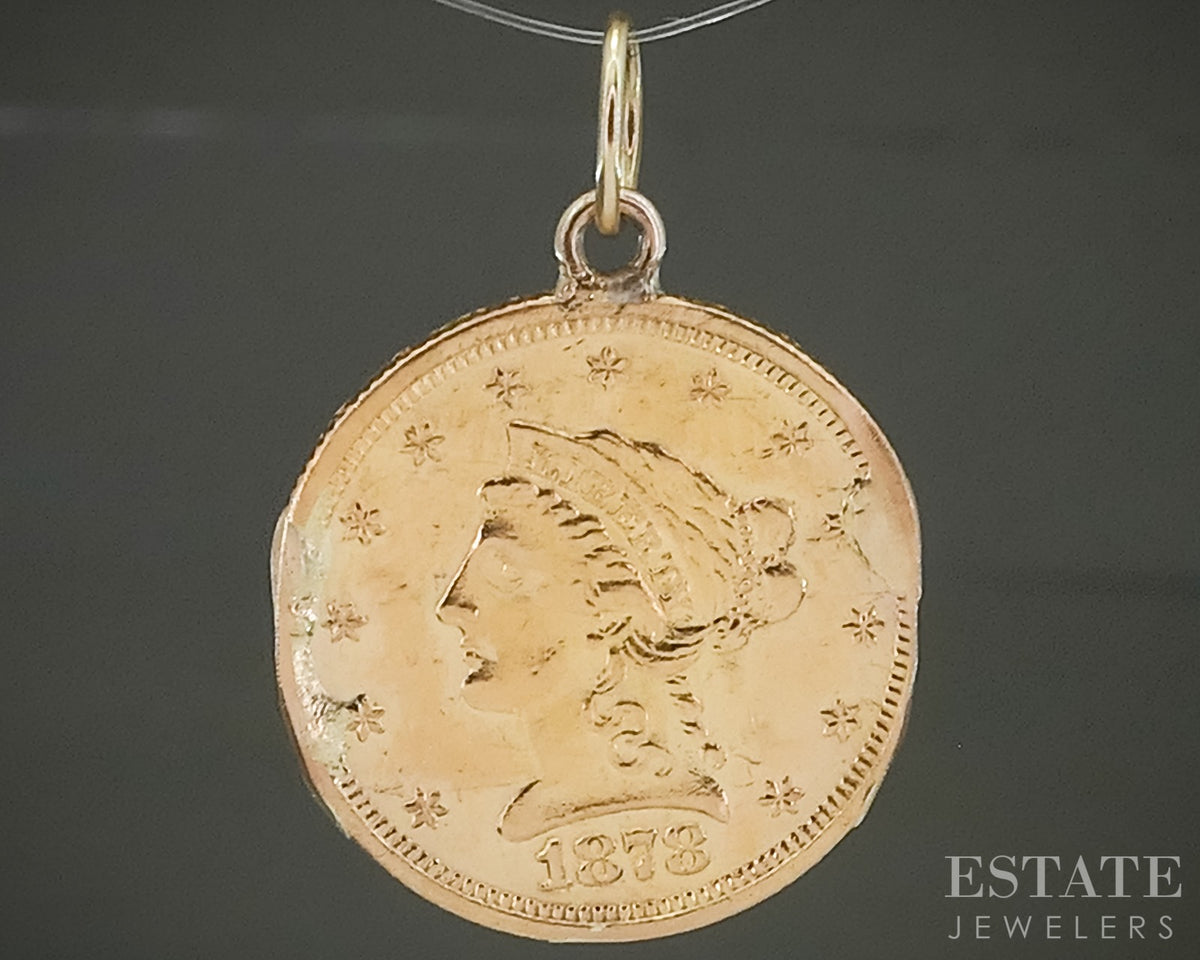 22k Yellow Gold 1878 Liberty Head $1 Gold Coin Pendant Love Token 2.7g p31478
