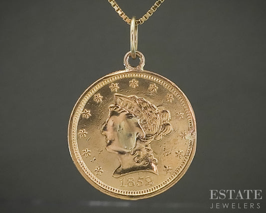 22k Yellow Gold 1852 Liberty Head $1 Gold Coin Love Token Necklace 5.5g p31483