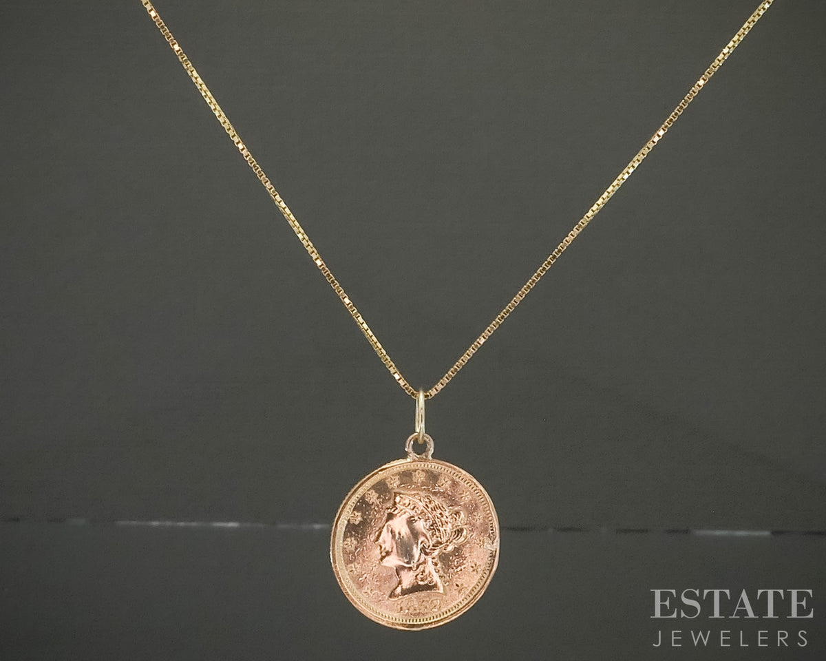 22k Yellow Gold 1852 Liberty Head $1 Gold Coin Love Token Necklace 5.5g p31483
