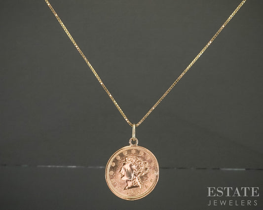 22k Yellow Gold 1852 Liberty Head $1 Gold Coin Love Token Necklace 5.5g p31483