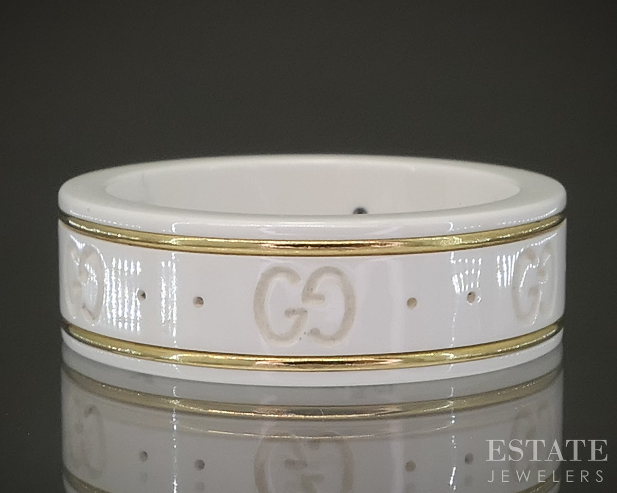 18k Yellow Gold Gucci GUCCI "Icon" GG White Zirconia Band Ring 5.1g p30850