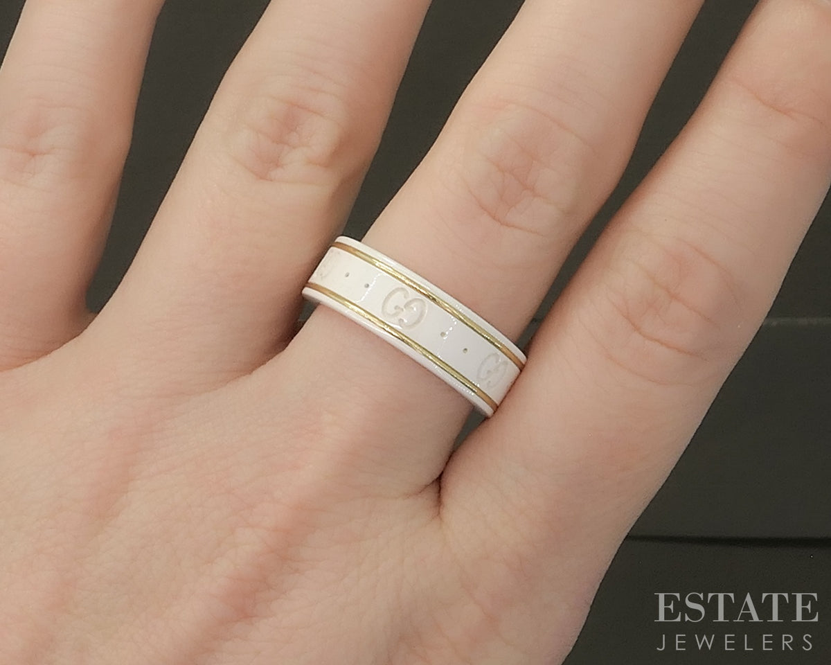 18k Yellow Gold Gucci GUCCI "Icon" GG White Zirconia Band Ring 5.1g p30850