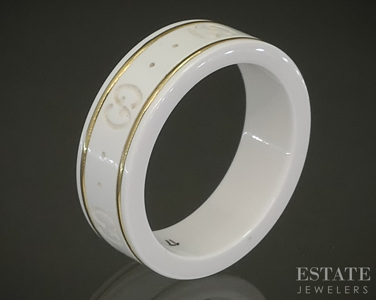 18k Yellow Gold Gucci GUCCI "Icon" GG White Zirconia Band Ring 5.1g p30850