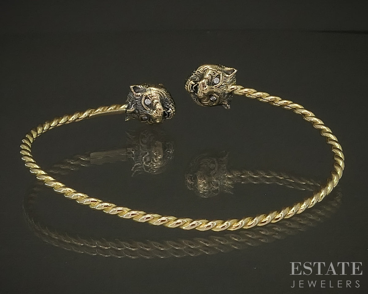 18k Yellow Gold Gucci Le Marché Des Merveilles Feline Head Cuff Bracelet p30866