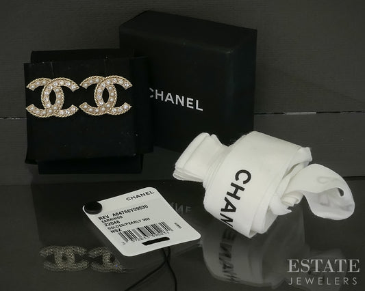 Chanel CC Logo Large Faux Pearl & Crystal Golden Pearly Stud Earrings p30838