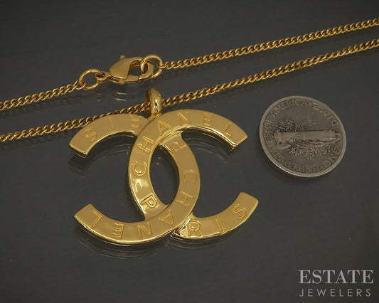 Chanel CC Logo Gold Tone Link Necklace & Pendant 24"L p30837