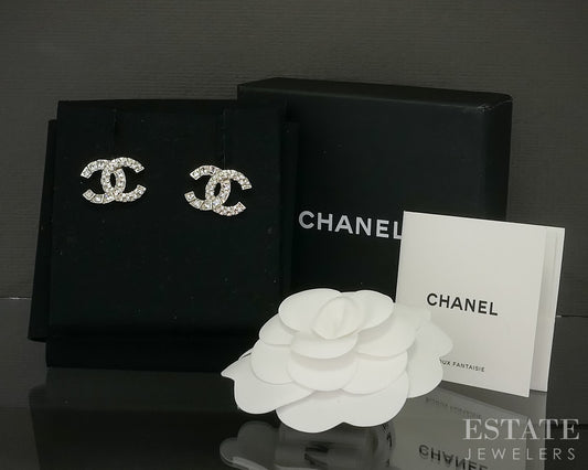 Chanel CC Logo Crystal Silver Tone Stud Ladies Earrings p30840