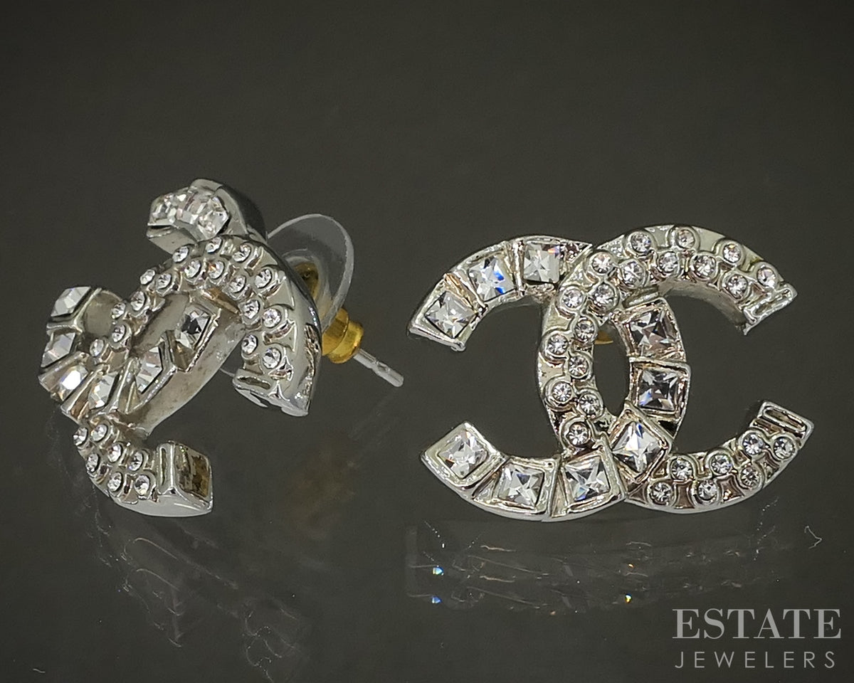 Chanel CC Logo Crystal Silver Tone Stud Ladies Earrings p30840