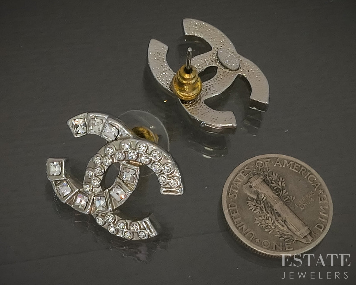 Chanel CC Logo Crystal Silver Tone Stud Ladies Earrings p30840