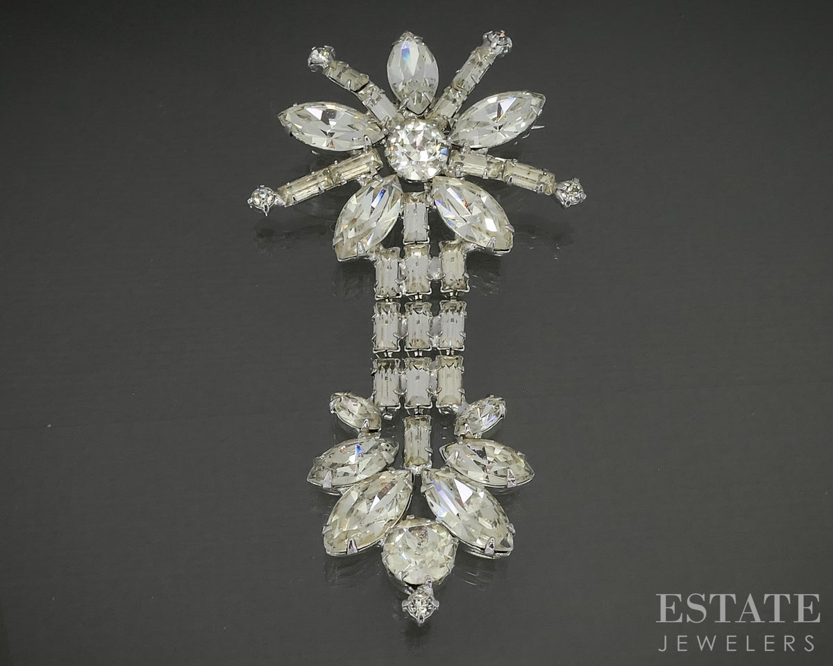 Vintage Silver Tone WEISS White Rhinestone Drop Pin Brooch p30505