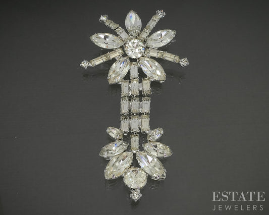 Vintage Silver Tone WEISS White Rhinestone Drop Pin Brooch p30505