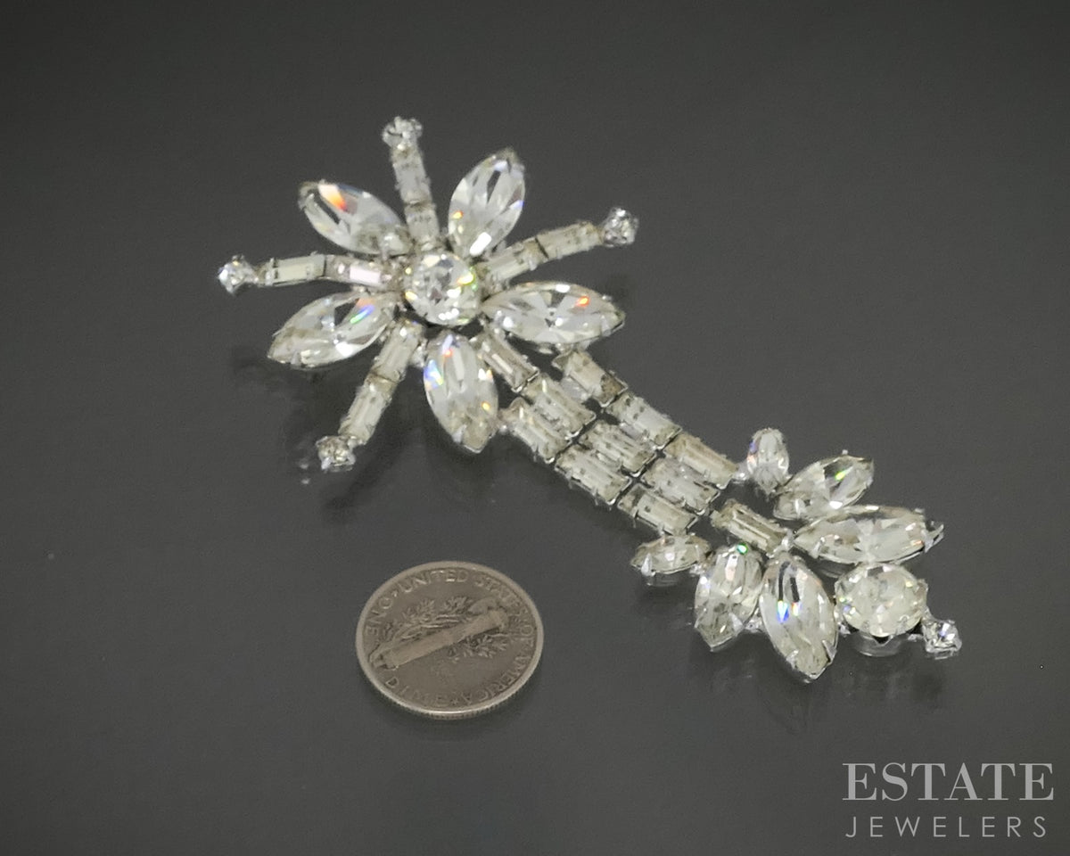 Vintage Silver Tone WEISS White Rhinestone Drop Pin Brooch p30505