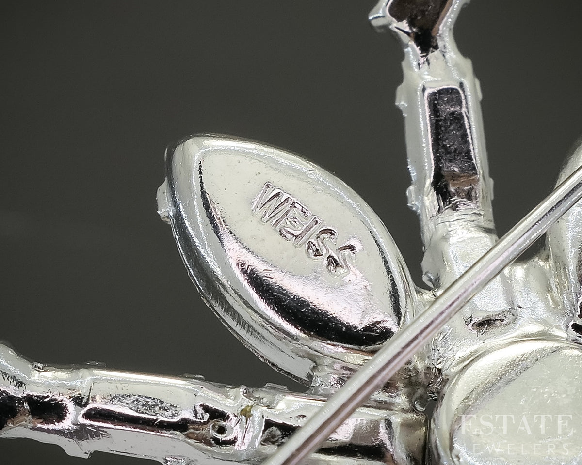 Vintage Silver Tone WEISS White Rhinestone Drop Pin Brooch p30505