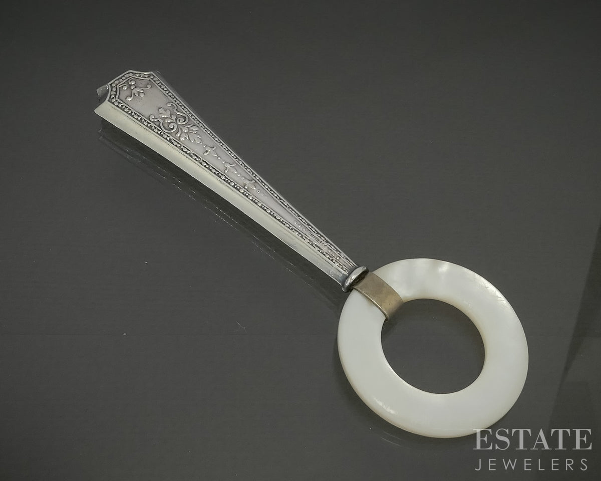 Antique Sterling Mother of Pearl Circle Baby Teether 15.3g p30559