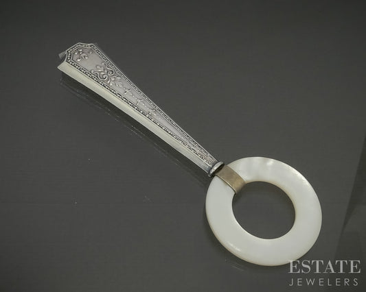 Antique Sterling Mother of Pearl Circle Baby Teether 15.3g p30559