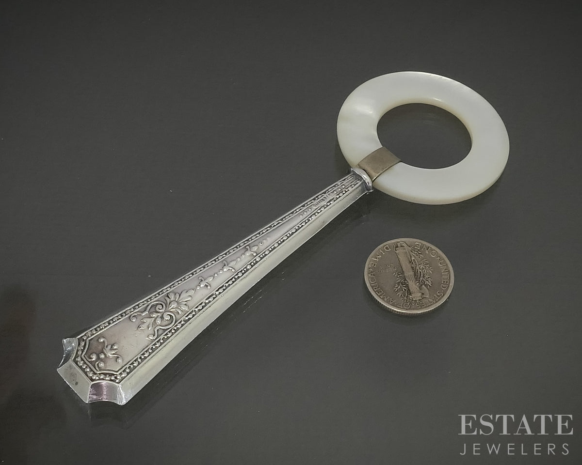Antique Sterling Mother of Pearl Circle Baby Teether 15.3g p30559