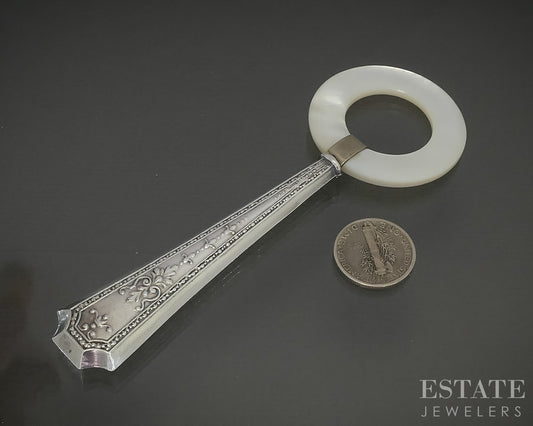 Antique Sterling Mother of Pearl Circle Baby Teether 15.3g p30559