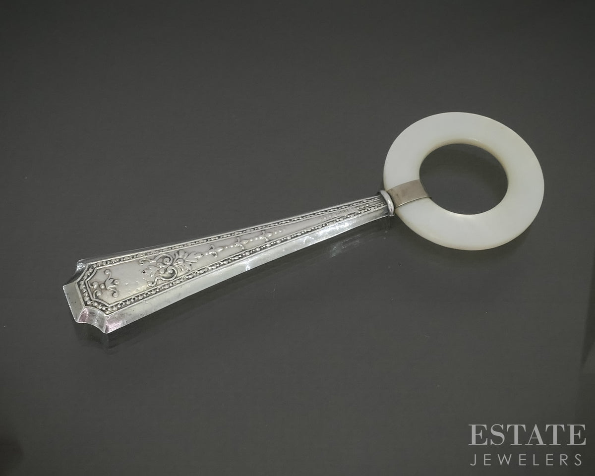 Antique Sterling Mother of Pearl Circle Baby Teether 15.3g p30559