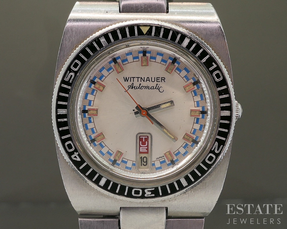 1970s Wittnauer Day-Date Divers Rally Dial Bakelite Stainless Mens Watch p32341