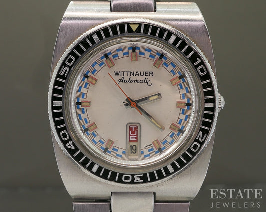 1970s Wittnauer Day-Date Divers Rally Dial Bakelite Stainless Mens Watch p32341