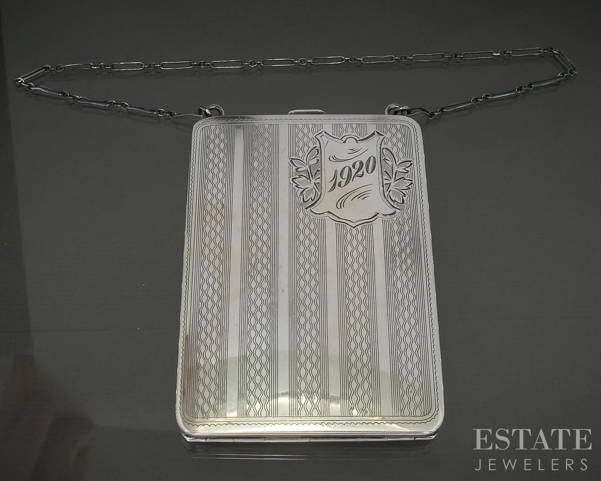 Antique Art Deco Sterling Elgin Mirror Coin Purse & Chain 95.7g p30646