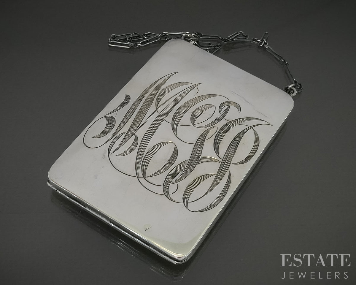 Antique Art Deco Sterling Elgin Mirror Coin Purse & Chain 95.7g p30646