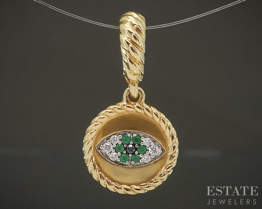 18k Yellow Gold David Yurman Emerald & Diamond Evil Eye Amulet Charm 2.5g p29437