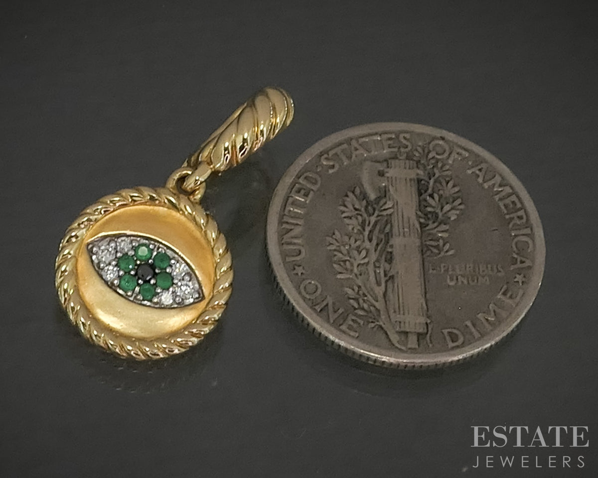 18k Yellow Gold David Yurman Emerald & Diamond Evil Eye Amulet Charm 2.5g p29437
