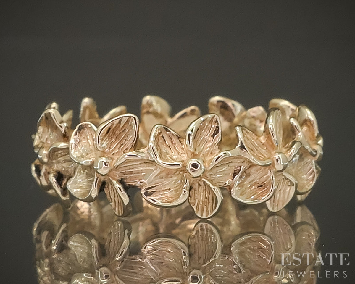 14k Yellow Gold Plumeria Flower Ladies Eternity Band Ring 4.2g p29539