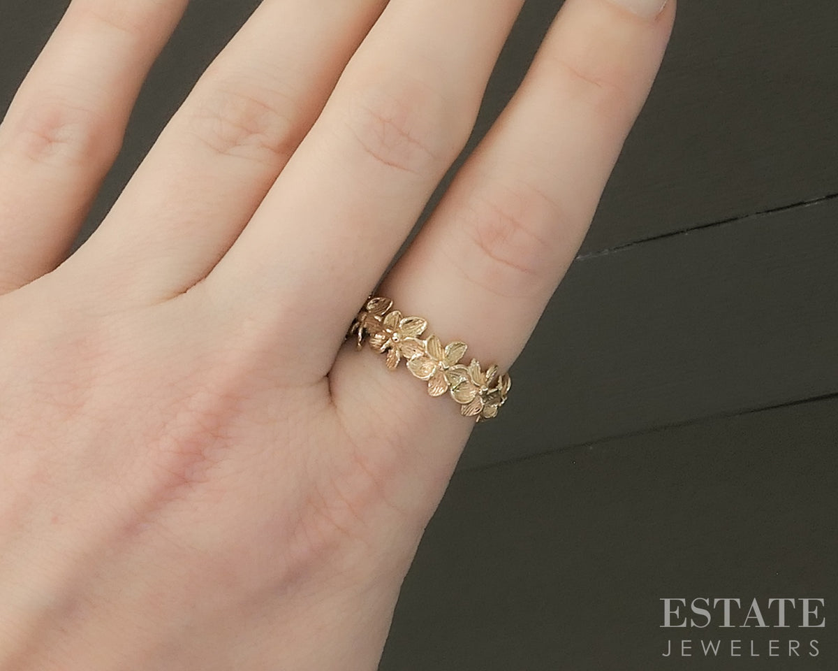 14k Yellow Gold Plumeria Flower Ladies Eternity Band Ring 4.2g p29539