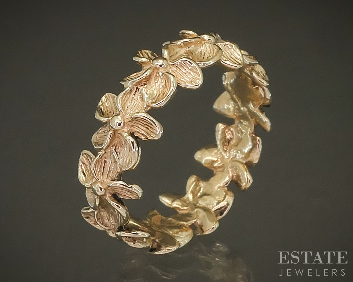 14k Yellow Gold Plumeria Flower Ladies Eternity Band Ring 4.2g p29539