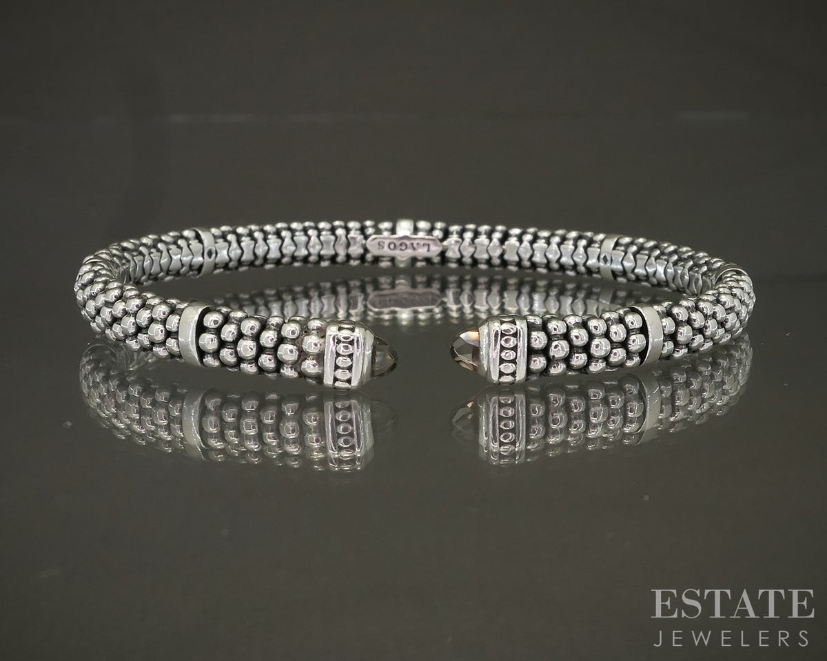 Sterling LAGOS Caviar 5mm Smoky Quartz Station Ladies Cuff Bracelet 20g p29083