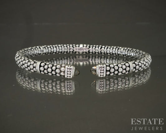 Sterling LAGOS Caviar 5mm Smoky Quartz Station Ladies Cuff Bracelet 20g p29083