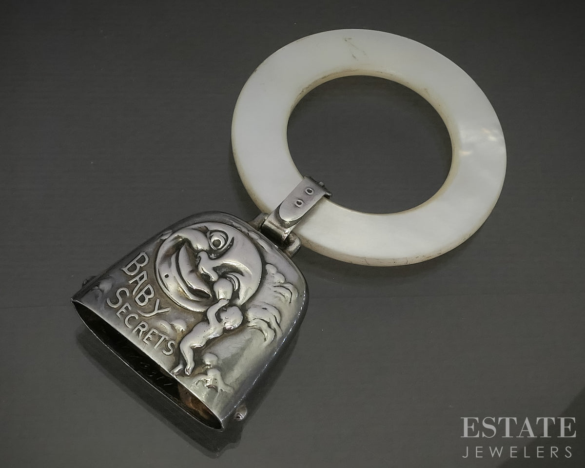 Antique Sterling Webster Mother of Pearl Circle Baby Rattle Teether 16.2g p29821