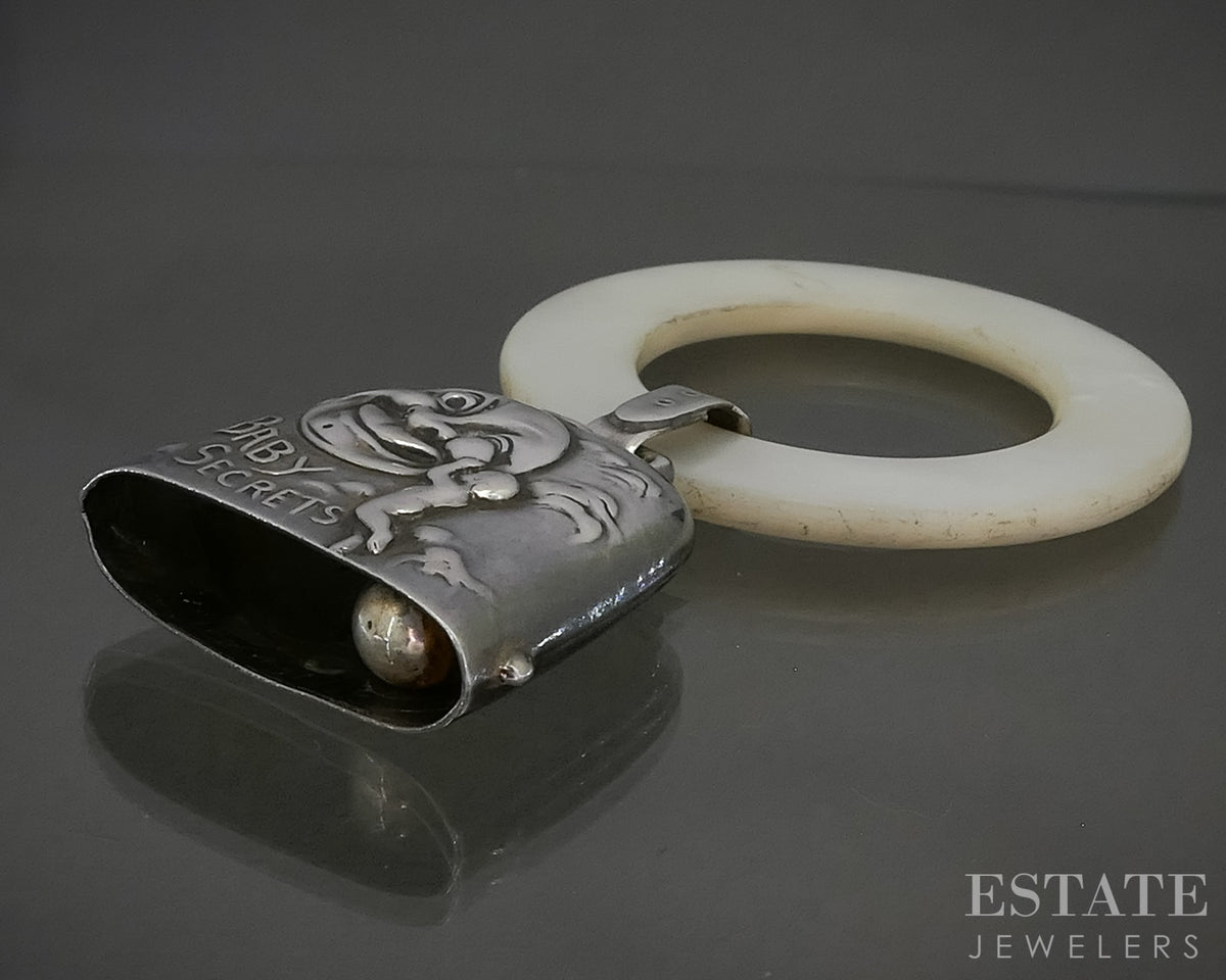 Antique Sterling Webster Mother of Pearl Circle Baby Rattle Teether 16.2g p29821