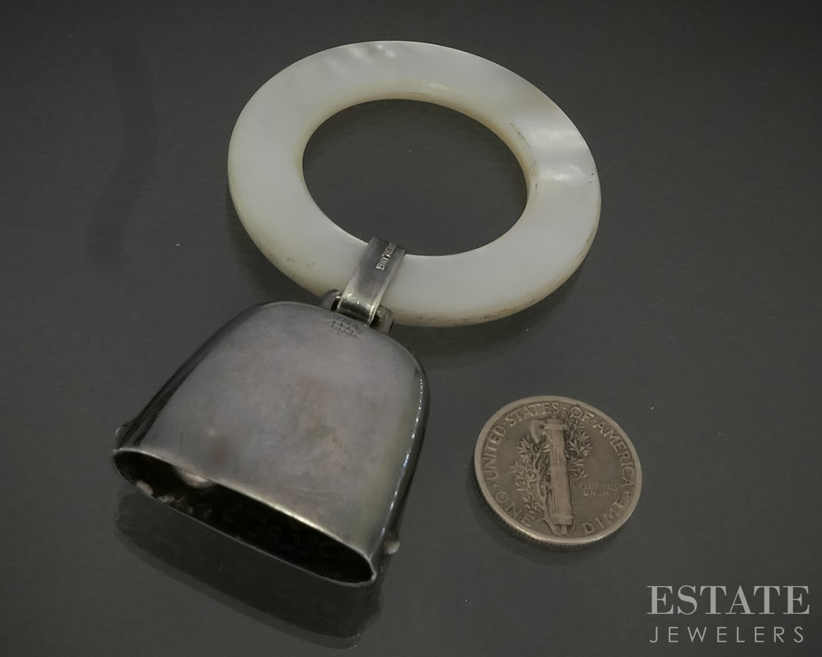 Antique Sterling Webster Mother of Pearl Circle Baby Rattle Teether 16.2g p29821