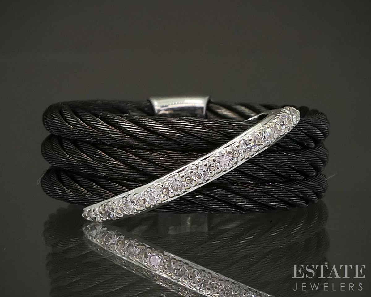 18k White Gold & Steel Charriol Natural Diamond Celtic Noir Band Ring p29470