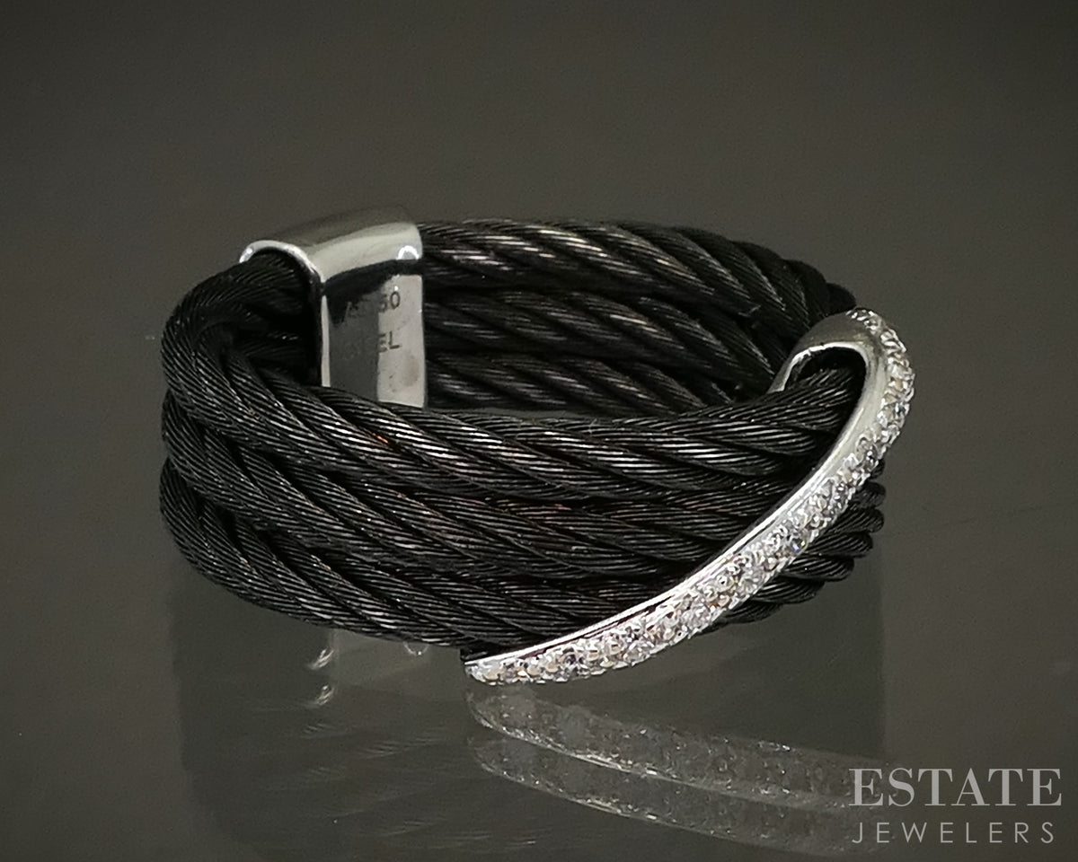 18k White Gold & Steel Charriol Natural Diamond Celtic Noir Band Ring p29470