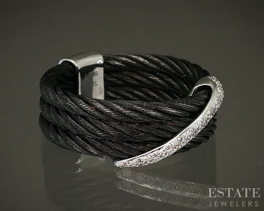 18k White Gold & Steel Charriol Natural Diamond Celtic Noir Band Ring p29470