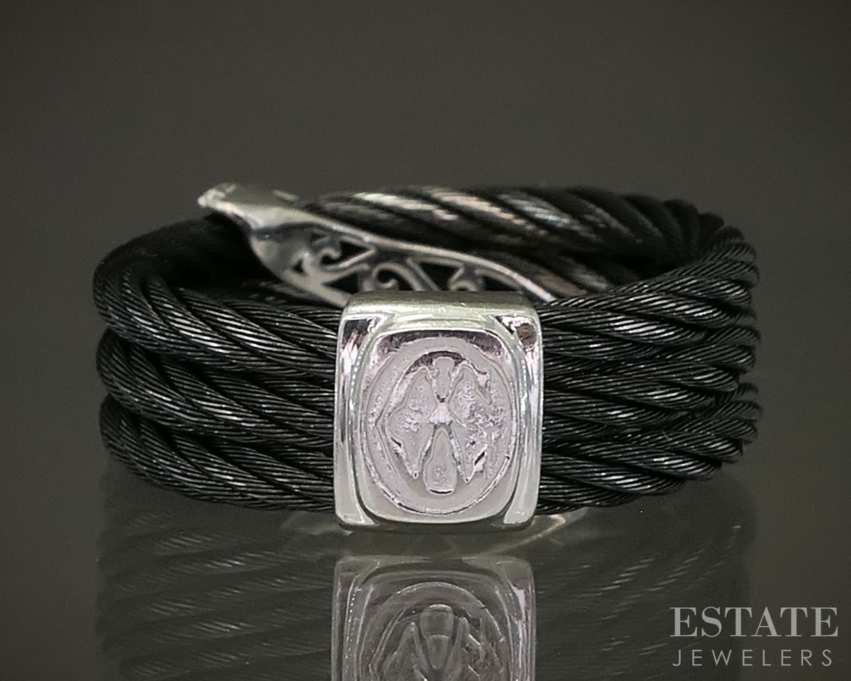 18k White Gold & Steel Charriol Natural Diamond Celtic Noir Band Ring p29470