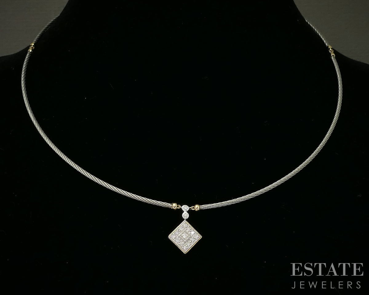 18k Yellow Gold & Steel Charriol Natural Diamond Cable Necklace 6.7g p29336