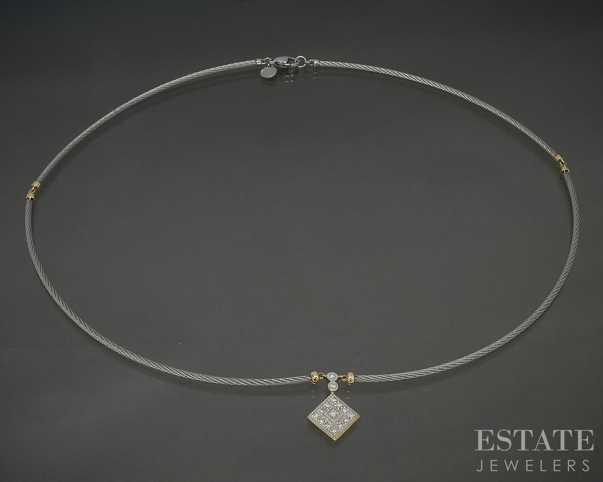 18k Yellow Gold & Steel Charriol Natural Diamond Cable Necklace 6.7g p29336