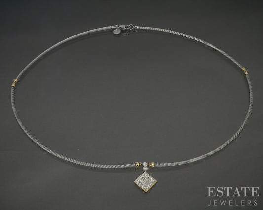 18k Yellow Gold & Steel Charriol Natural Diamond Cable Necklace 6.7g p29336