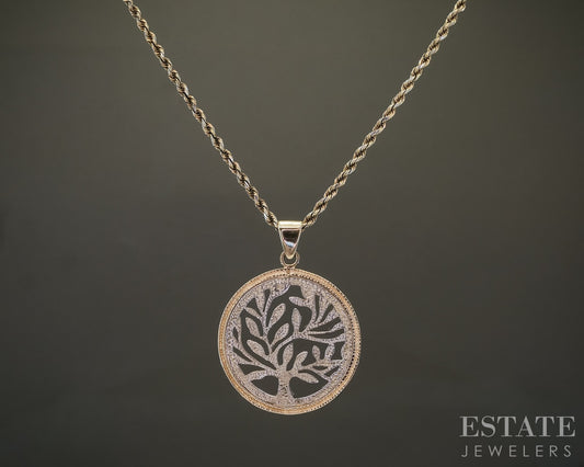 14k GF & Sterling Rope Chain Love Earth Tree Pendant & Necklace 10.1g p29096