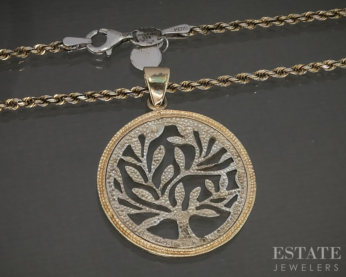 14k GF & Sterling Rope Chain Love Earth Tree Pendant & Necklace 10.1g p29096