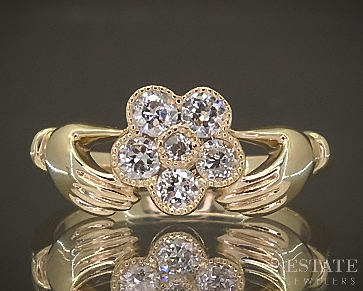 14k Yellow Gold OEC Natural Diamond Gimmel Claddagh Cluster Ring 3.5g p30495
