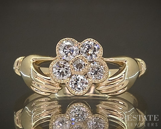 14k Yellow Gold OEC Natural Diamond Gimmel Claddagh Cluster Ring 3.5g p30495